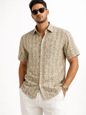 Bruno 100% Silk Shirt Men Size L Beige Floral Print Short Sleeve Button Up Italy